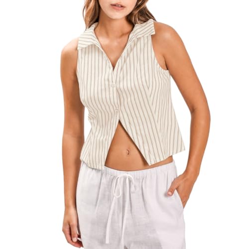 Amazhiyu Womens Cropped Summer Button Down Vest Sleeveless V Neck Stripes Tops