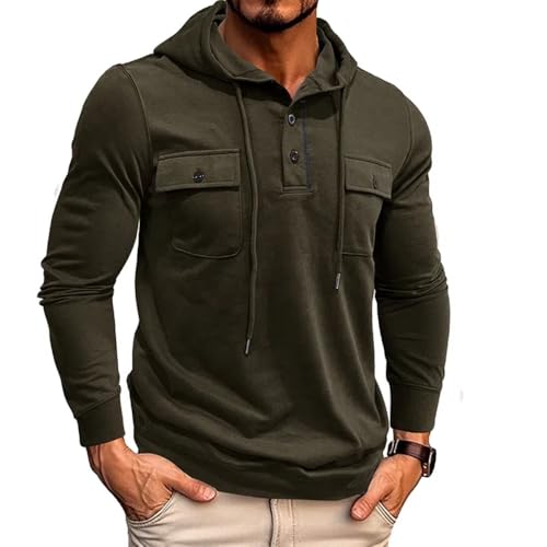 MakingDa Men’s Hoodie Long Sleeve Casual Worker Button Chest Pockets Pullover Muscle Regualr Fit Drawstring Hooded Shirt Solid Work Sport Hoody Army Green M