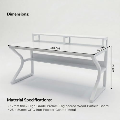 Image of TEKAVO Qri Computer Table for Home Pc | Office Table for Home | Lower Shelf & Moniter Riser, Laptop Table, Worktable, Study Table, Workstation | White Wood, Metal, (150 Cm x 60 Cm) - DIY