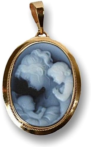 Mother with Two Children Blue Agate Cameo Pendant in 14k Gold Frame