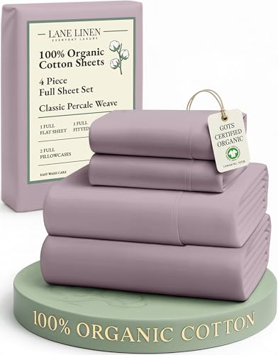 Image of LANE LINEN Eco Friendly 100% Organic Cotton Bed Sheets Full Size, Fully Elasticized Reinforsed Seams, Machine Washable Naturally Cooling Full Sheet Deep Pocket Bedding- Lilac