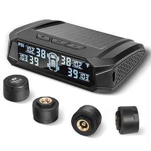 RV tire Pressure Monitoring System, Wireless TPMS Tire Pressure Monitor System with Solar Charger, RV TPMS with 4 tire Pressure Sensors & 6 Alarm Modes(0-87 PSI)