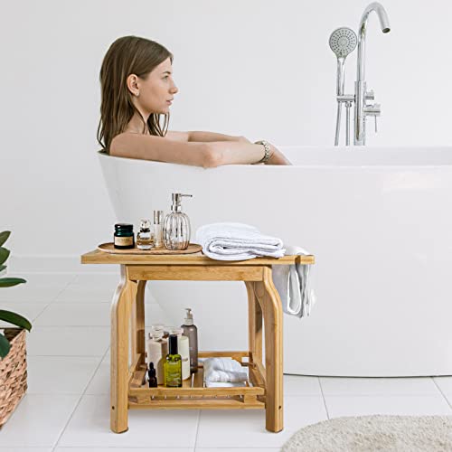 2-Tier Bamboo Shower Bench For Inside Shower Shaving Legs, 16 Inch Waterproof Bathroom Bench Shower Stool With Storage Shelf, Safe & Stable For Seniors Adults Disabled Women #TOP4