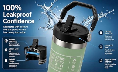 Image of 900ml Insulated Tumbler with Handle and Straw Lid | Stainless Steel Vacuum Mug | Leakproof Water Bottle | Hot & Cold Coffee Tumbler | Drinking Cup for Gym, Office, Car, Camping & Travel (Green)