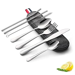 LUPATDY 8 stuks besteksets, reizen camping bestek, draagbare gebruiksvoorwerpen set van roestvrij staal, bestekset mat, campingbestek van roestvrij staal met etui (primaire kleuren)