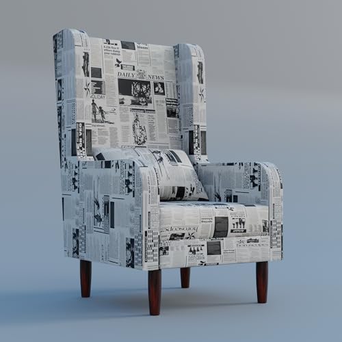 Image of Custom Decor Wooden Wing Chair with Ottoman Stool | Wingback for Living Room | One Seater Sofa | High Density Foam | Accent Chair for Seating, Home Decor Furniture | (Vintage Newsprint, with Ottoman)