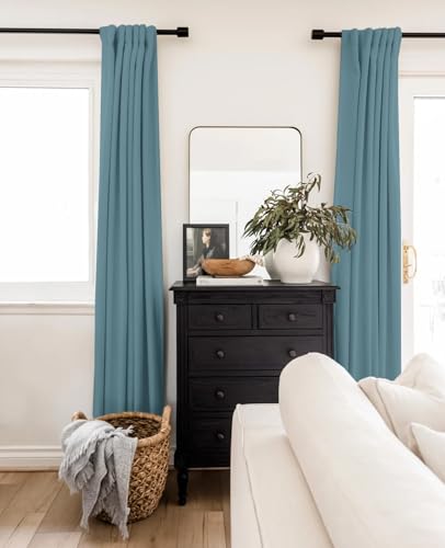 INOVADAY 100% Blackout Curtains 90 Inches Length 2 Panels Set, Back Tab/Rod Pocket Linen Black Out Curtains for Bedroom, Thermal Insulated Window Drapes - Teal, W50 X L90