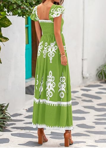 BTFBM Summer Dresses for Women 2025 Floral Smocked Boho Sleeveless Square Neck A Line Casual Beach Maxi Dress Pockets
