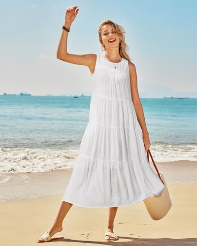 Image of Newshows Women's 2024 Summer Midi Dresses Sleeveless Crewneck Beach Boho Casual Loose Long Flowy Tiered Sundress with Pockets