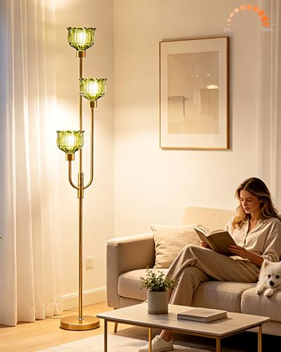 Image of Lightdot 3-Lights Modern Glass Floor Lamp 66IN Gold Dimmable Floor Lamps with 3000K Warm White Bulbs for Wedding Party Tall Standing Lamp with Green Glass Shade for Living Room /Bedroom /Home Decor