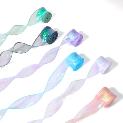 6Pcs Organza Iridescent Ribbons Sheer for Gift Wrapping 1.57Inch Tulle Ribbon for Gift Wrapping Sheer Easter Craft Decorative Ribbons for Crafts Wedding Christmas Invitations Bouquet Crafts Decor