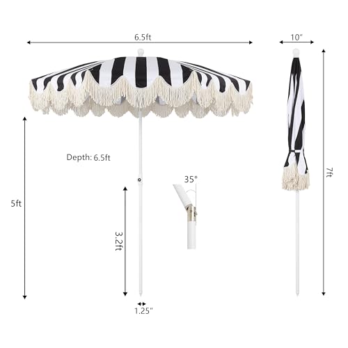 JONATHAN Y UMB1003Q Mariner 6.5 ft. Cottage Fringe Tassel Market Beach Umbrella with Push Button Tilt, Wind Vent and UV Protection, and Matching Carry Bag in Black and White Stripe/Cream, White Pole by JONATHAN Y - Image 3