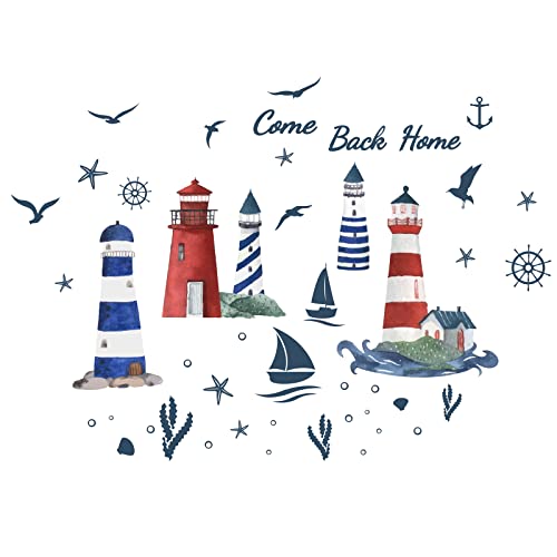 PLIGREAT Leuchtturm Wandtattoo, Wandsticker maritime Dekoration Mit Segelboot Möwen Ankerschale Leuchtturm Zitat Come Back Home Wandtattoo Diy Wandbild Für Kinderzimmer Baby Kinderzimmer Wohnzimmer Cover