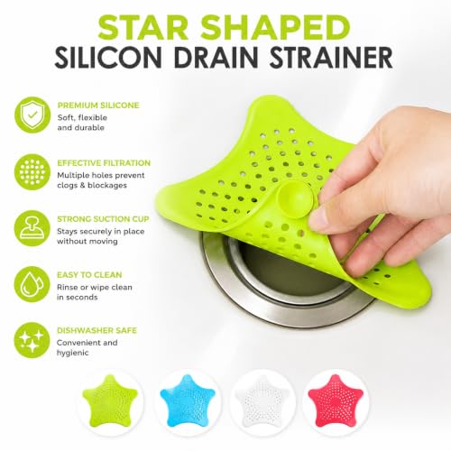 Image of Silicone Star Shape Drain Strainer for Kitchen Sink & Bathroom Wash Basin Hair Catcher Sink Filter with Strong Suction Cup | Reusable Drain Cover for Shower, Bathtub & Laundry