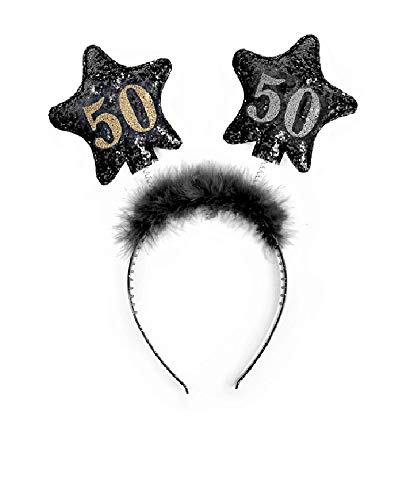 PartyDeco Stirnband mit Sternen und gedruckten Zahlen 50 Schwarz mit Fell Haarband für 50. Geburtstag Runde Geburtstag Gadgets Geburtstagsgeschenk Haarschmuck