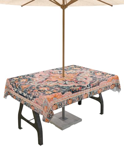 Orange Geometric Outdoor Tablecloths with Umbrella Hole and Zipper, Waterproof/Stain Resistant Rectangle Table Cloth 60x120 Patio Table Cover for Picnic/Party Oriental Tribal Ethnic Flower Patterns