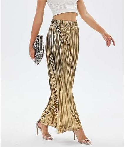 Women's Shiny Pleated Wide Leg Pants Party High Waist Casual Women's Clubwear - Image 5