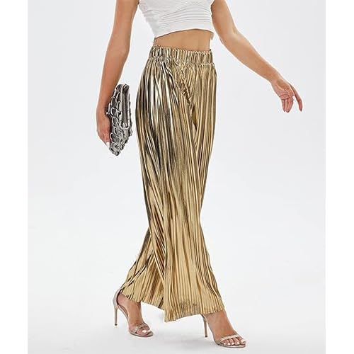 Women's Shiny Pleated Wide Leg Pants Party High Waist Casual Women's Clubwear4