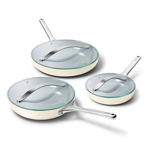 Image of Caraway 8in + 10in Fry + 12in + 8 /10 /12in Glass Lids 6pc Fry Set Cream