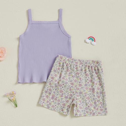 fhutpw Toddler Baby Girl Clothes Summer Spaghetti Strap Tops Floral Elastic Waist Shorts Infant Sleeveless Outfit 2 Piece Set3