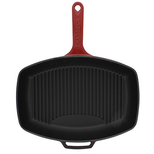 Chasseur 12-Inch Red Rectangular French Enameled Cast Iron Grill Pan #TOP1