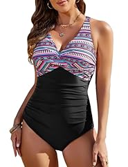 heekpek Costume da Bagno Donna Intero Curvy Scollo a V Push Up Imbottito Costumi da Bagno Vita Alta Incrocio Frontale Costumi Donna Mare Swimsuit, Colorato e Nero, XL