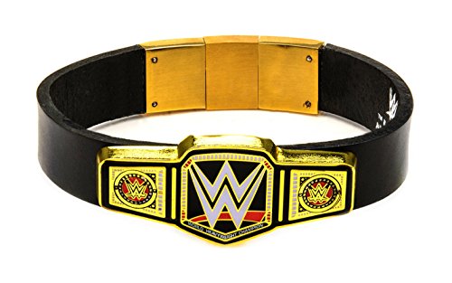 WWE Men's Championship Belt Logo with Black Leather Gold PVD Plated Bracelet Stainless-Steel