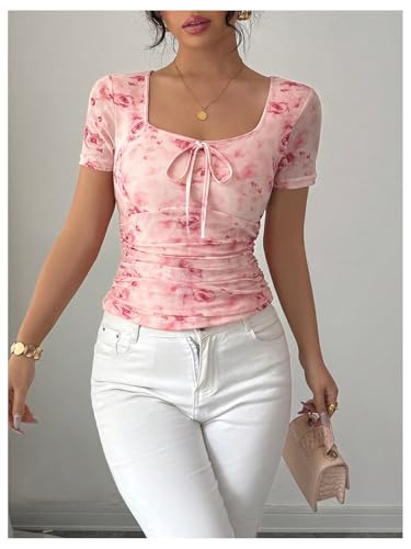 GORGLITTER Women's Floral Mesh Ruched T Shirt Tie Front Short Sleeve Square Neck Slim Tops 5