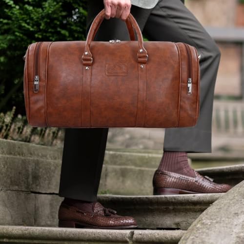 Image of Leather World Duffle Bag 55 L Brown Vegan Leather Weekender Travel Luggage Bag with Detachable Shoulder Strap for Men & Women (TAN)