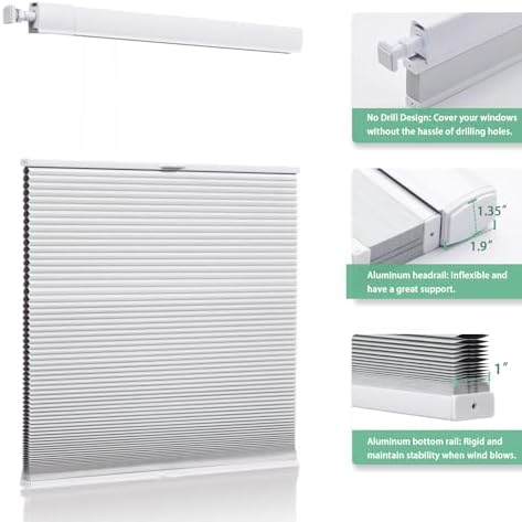 Tonature No Tools No Drill Top Down Bottom Up Cellular Shades for Windows, 1" Blackout Fabric, Cordless Honeycomb Blinds for Indoor Window, Thermal Insulated Noise Reduction, Custom Size, White - 3