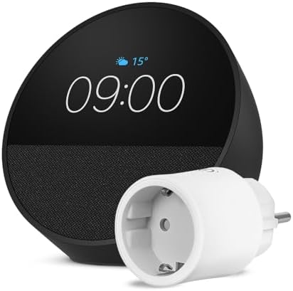 Amazon Echo Spot (última generación) | Negro + OSRAM SMART+ Enchufe inteligente con Matter, compatible con Alexa - Kit de inicio de Hogar digital