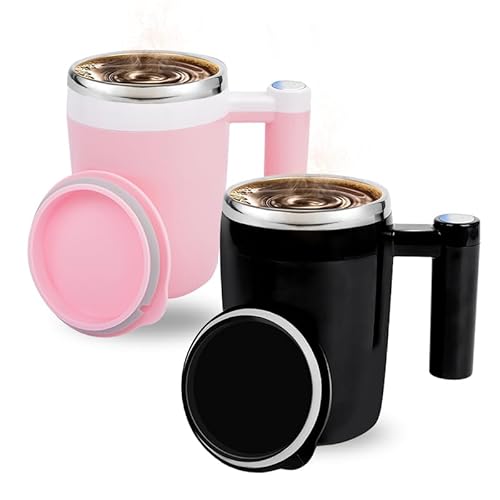 Self Stirring Coffee Mug 14oz - Rechargeable Magnetic Stirring Cup with Lid, Stainless Steel Auto Mixing Mug for Coffee, Tea & Hot Cocoa - Valentine's Day Gifts for Couples (Black&Pink 2-Pack)