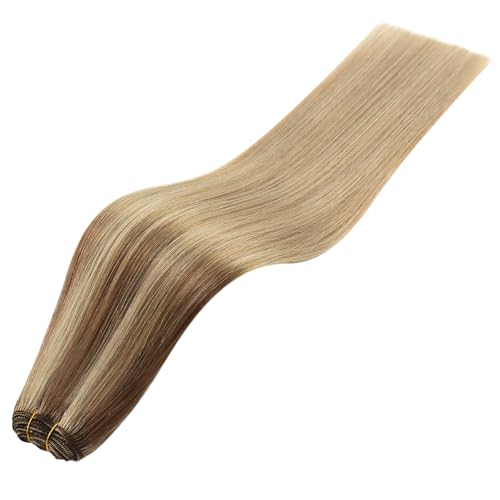 Image of Full Shine 24 Inch Invisible Weft Hair Extensions 105G Remy Human Hair | 10 /16 /16 Golden Brown Highlight Buttery Blonde, Invisible Weft, Party And Wedding, Long Styling, Women Looks