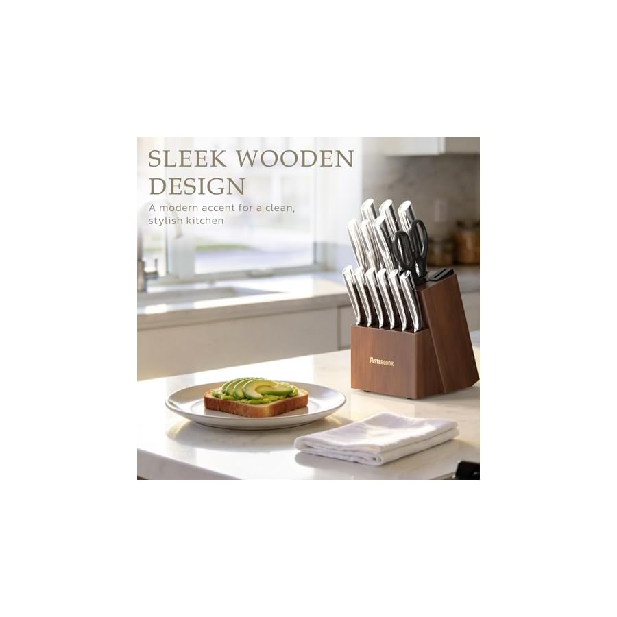 Astercook Knife Set, Kitchen Knives Set with Block and Sharpener Full Tang 15 Pcs Premium Stainless Steel Knives, Dishwasher Safe Knife Set with Anti-slip Ergonomic Handle, Walnut, Valentine's Gift