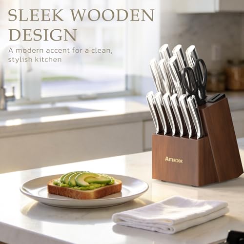 Astercook Knife Set, Kitchen Knives Set with Block and Sharpener Full Tang 15 Pcs Premium Stainless Steel Knives, Dishwasher Safe Knife Set with Anti-slip Ergonomic Handle, Walnut, Mothers Day Gifts by Astercook - Image 3