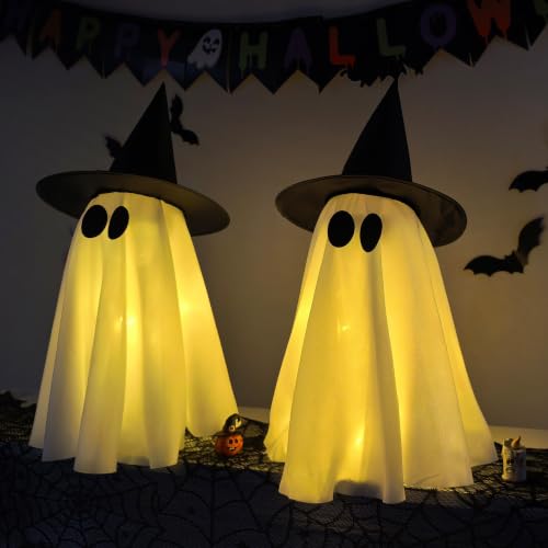 Halloween Decorations Indoor,Set of 2 Light-Up Ghosts Decor with Witch Hats - image 5
