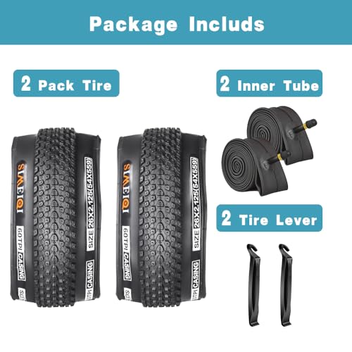 SIMEIQI 2 Pack 26x2.125 Bike Tires with 2 Inner Tubes AV 32mm Schrader 2 Levers Replacement Bicycle Tires for Mountain Trail Road City Pavement (26x2.125)