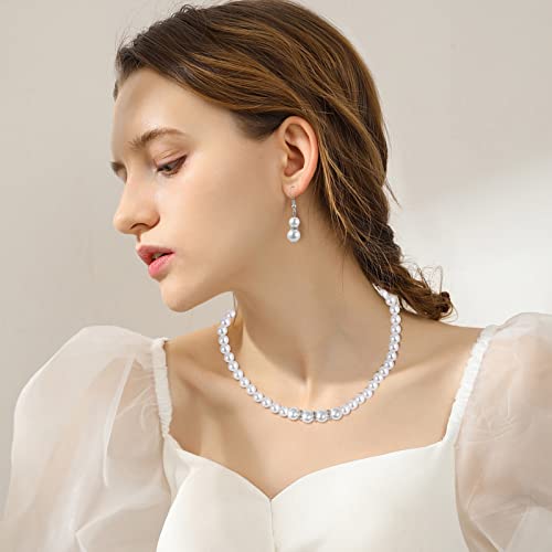 Aoovoo Pearl Necklace And Earring Set 6,8,10Mm Round Simulated Shell White Pearl Necklace Set Includes Stunning Bracelet And Dangle Earrings 3 Piece, Faux Pearl Jewelry Set For Women Girls #TOP5