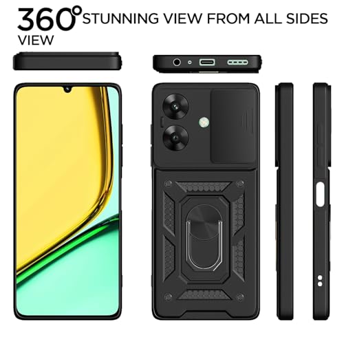 Image of Pikkme D10 Tough Armor Bumper Case | 360 Protection Case | Sliding Camera Shield Cover & Ring Holder Stand Back Cover for Realme Narzo N61 / Realme C61 4G (Black)