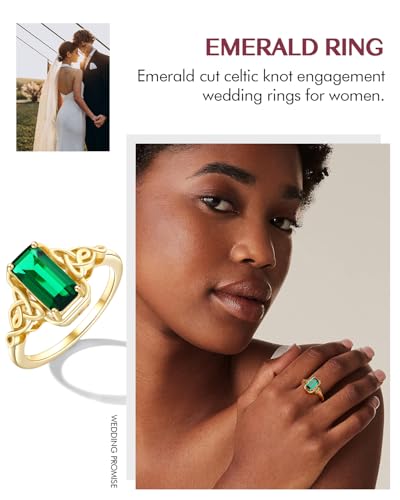 DAYBYDAY Celtic Birthstone Rings for Women, 925 Sterling Silver/18K Gold Plated Emerald Cut Celtic Knot Engagement Wedding Ring, Square Created Gemstone Promise Rings for Her Size 6-102