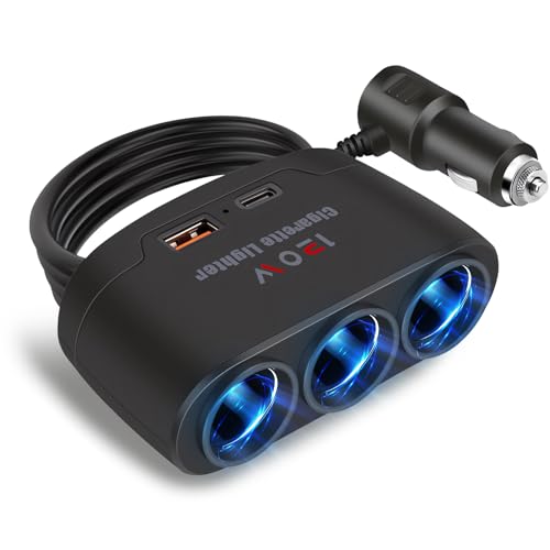 SUNNIFLY Adaptateur Allume Cigare 5 en 1, Prise Allume Cigare 12V, Chargeur de Voiture 120W avec 3 Prises, 1 Port USB et 1 Port PD pour Les Voitures 12V/24V