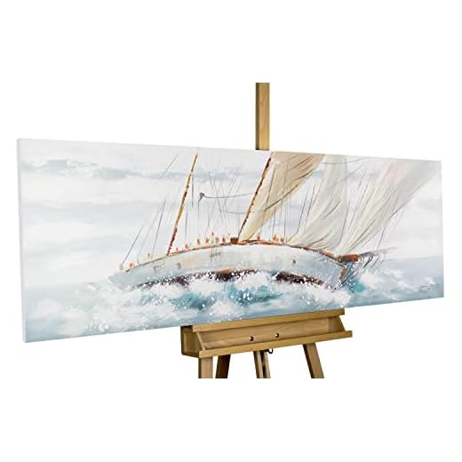KunstLoft® Tableau Peinture sur Toile à l'huile 'Appel à L'Aventure' 150x50cm | Tableau Acrylique Peint à la Main | Toile sur Cadre Bois | Voilier en Mer agitée Yacht Bateau de Voile