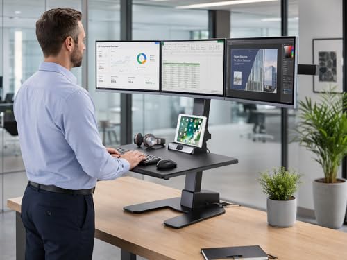 Mount-It! Triple Monitor Electric Standing Desk Converter - 3 Screens Stand Up Desk Riser - Height Adjustable Desktop & 3 Mounts for Screens up to 32", Sit-Stand Convertor for Home, Office, School - Image 7