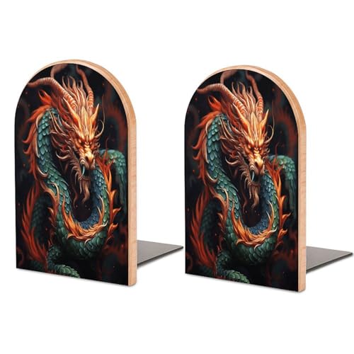 Sujetalibros de dragón chino en madera natural, soporte decorativo tallado para estanterías 2