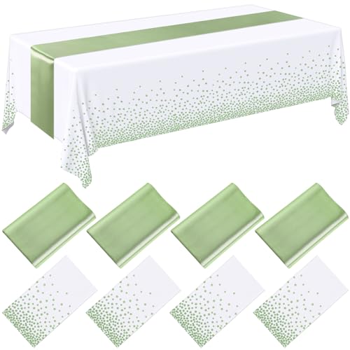 Image of Breling 8 Pack White and Sage Green Disposable Plastic Tablecloths and Satin Table Runner Set, 54 x 108 Inch Tablecloth, 12 x 108 Inch Table Runners for Wedding Graduation Birthday Baby Shower