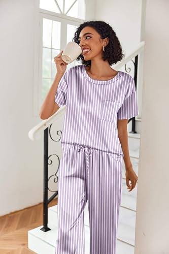 Image of Ekouaer Womens Satin Silky Pajama Set Short Sleeve Shirt with Long Pajama Pant Set Soft PJ Loungewear