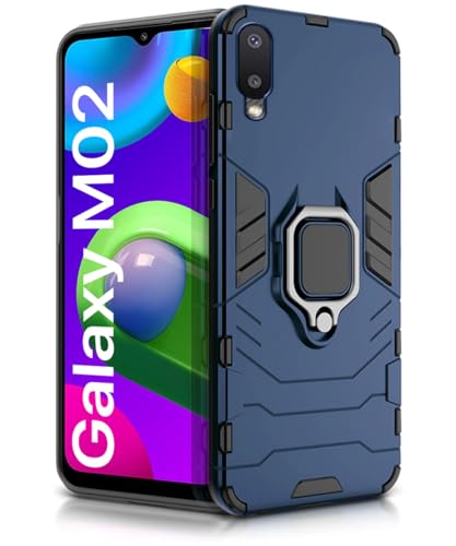 Image of WOW IMAGINE Shock Proof Back Case Mobile Cover for Samsung Galaxy M02 | Back Cover Case (Tough Armor | Hybrid PC + TPU | Ring Holder & in-Built Kickstand | Blue)