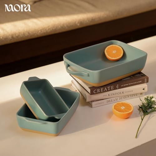 Image of Mora Ceramic Set of 2 Baking Dishes For Casserole, Banana Bread, Brownies, Broiling, Roasting, and Baking. 7x11 in and Loaf Pans - Porcelain Serving Bakeware from Oven to Table. Freezer Safe - Iris