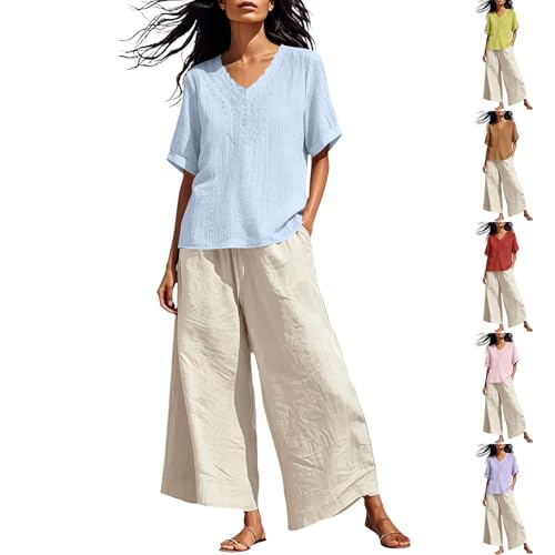 Survêtement de loisirs femme lin grande taille amble col V brodé
