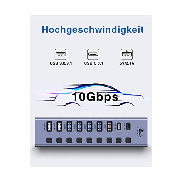 USB Hub Aktiv 3.1 mit Netzteil 60W(12V/5A), Aluminium Mehrfacher Anschluss USB Hub, 10-IN-1 USB C Hub mit 2*USB-C 3.1 10Gbps, USB-A 3.1, 4*USB-A 3.0, 3*Ladeanschluss und EIN/Aus-Schalter – Bild 4